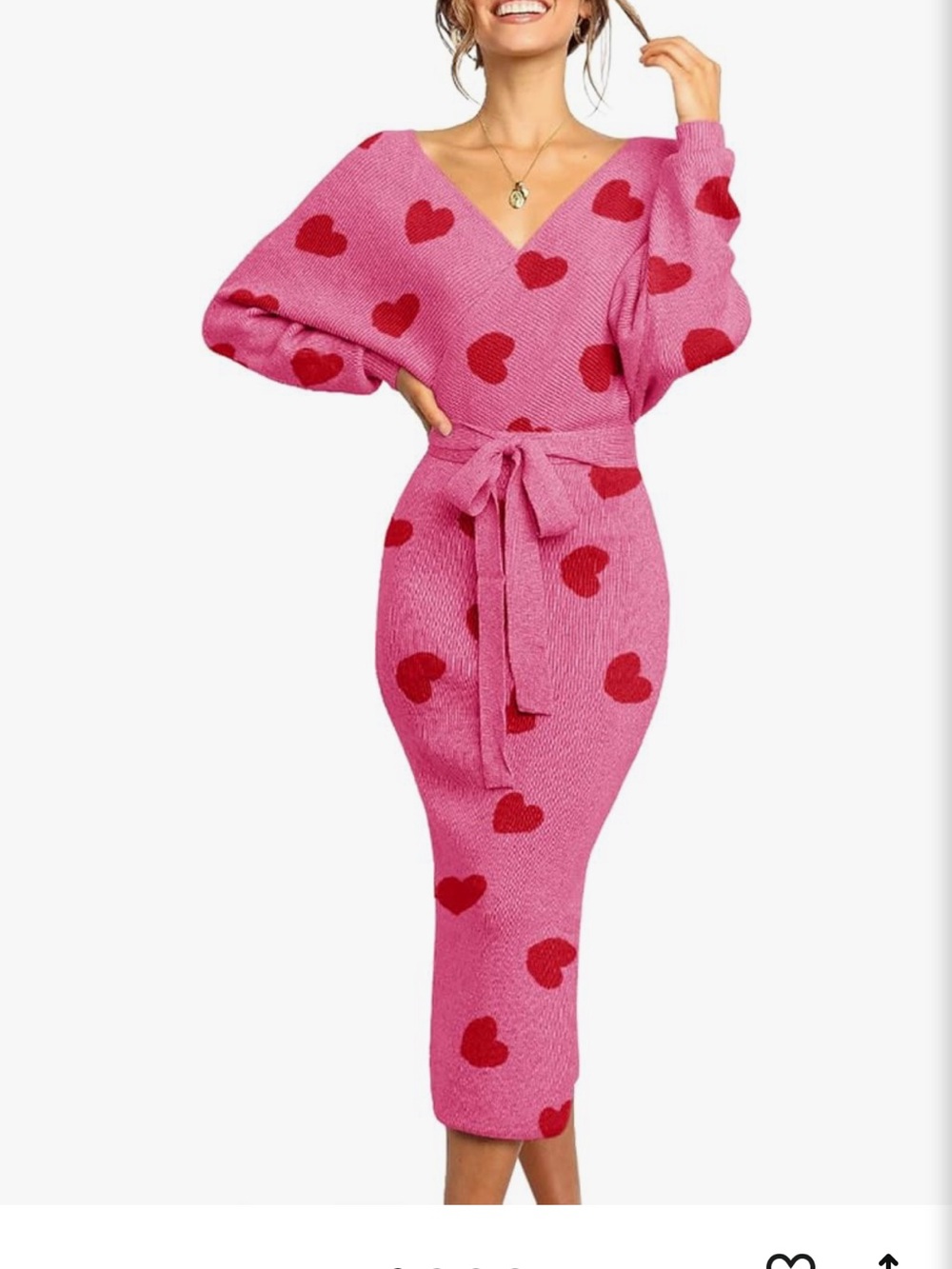 Pink Knit Wrap Dress with Red Heart Print - Picture 3 of 4